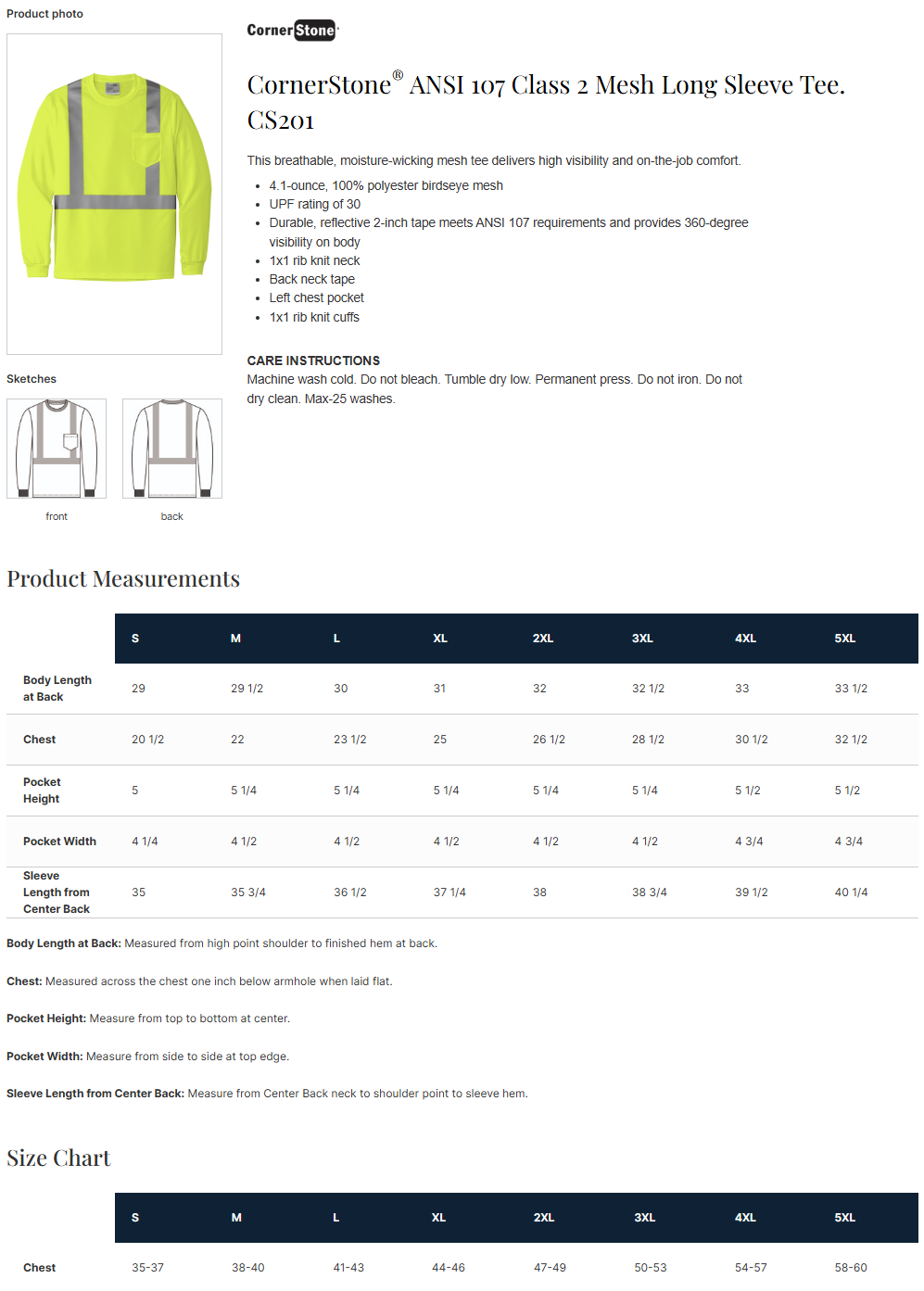 CS201 CornerStone® ANSI 107 Class 2 Mesh Long Sleeve Tee Customizable
