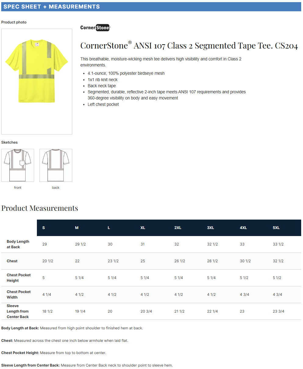 CS204 CornerStone® ANSI 107 Class 2 Segmented Tape Tee Customizable