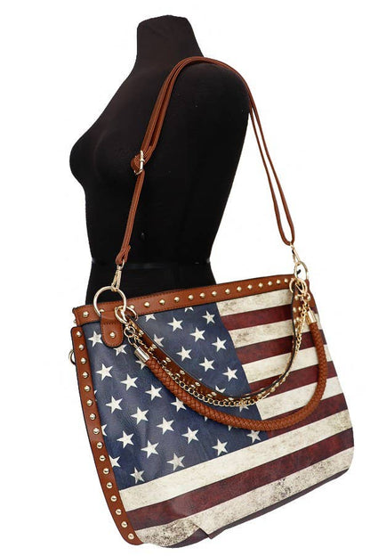 Vintage American Flag Print Studded Gold Chain Hobo Bag