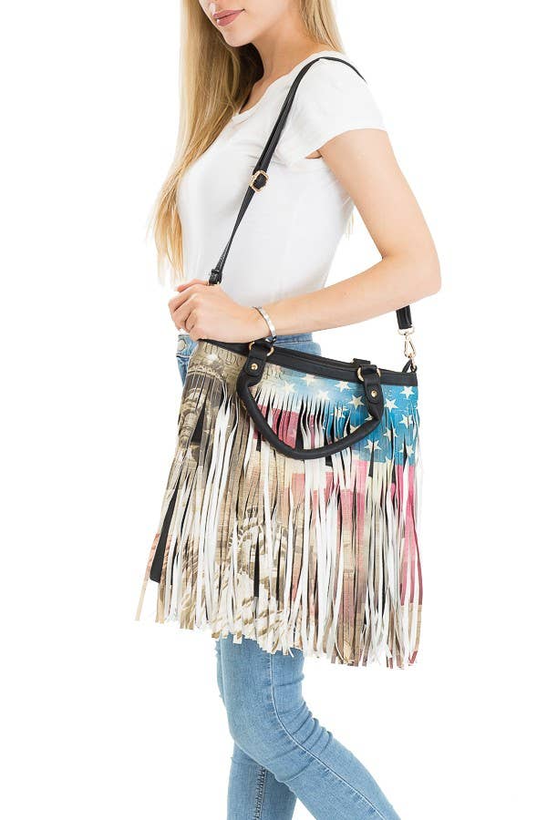 Vintage Fringed Boho Statue of Liberty Bag