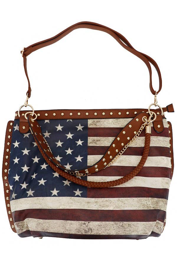 Vintage American Flag Print Studded Gold Chain Hobo Bag