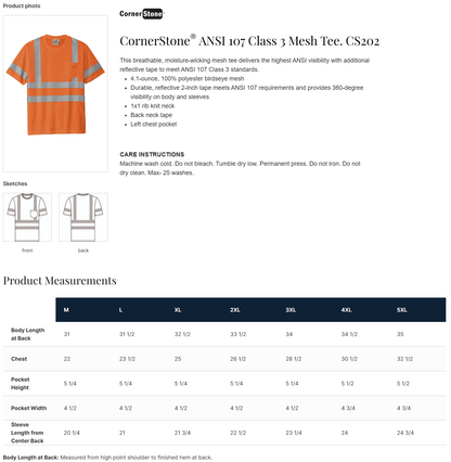 CS202 CornerStone® - ANSI 107 Class 3 Short Sleeve Snag-Resistant Reflective T-Shirt Customizable