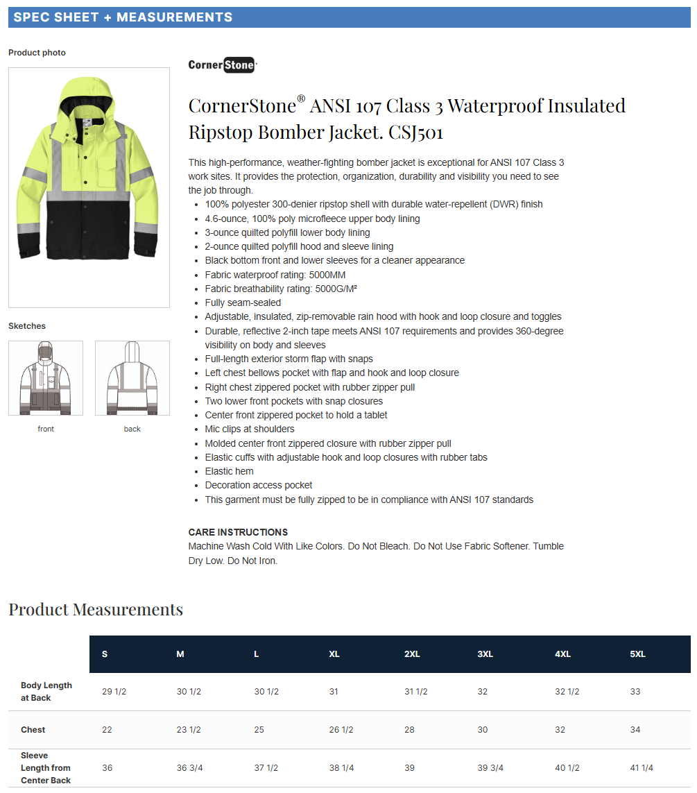 CSJ501 CornerStone® ANSI 107 Class 3 Waterproof Insulated Ripstop Bomber Jacket Customizable