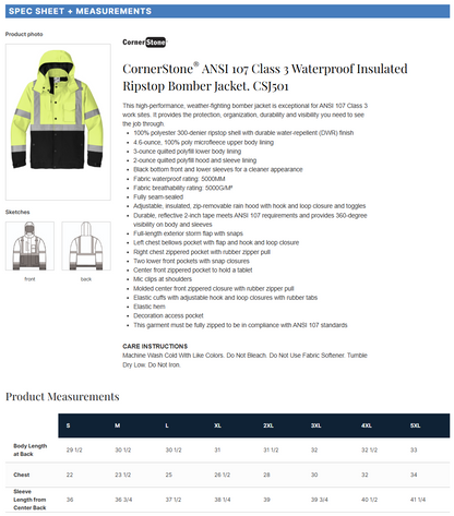 CSJ501 CornerStone® ANSI 107 Class 3 Waterproof Insulated Ripstop Bomber Jacket Customizable
