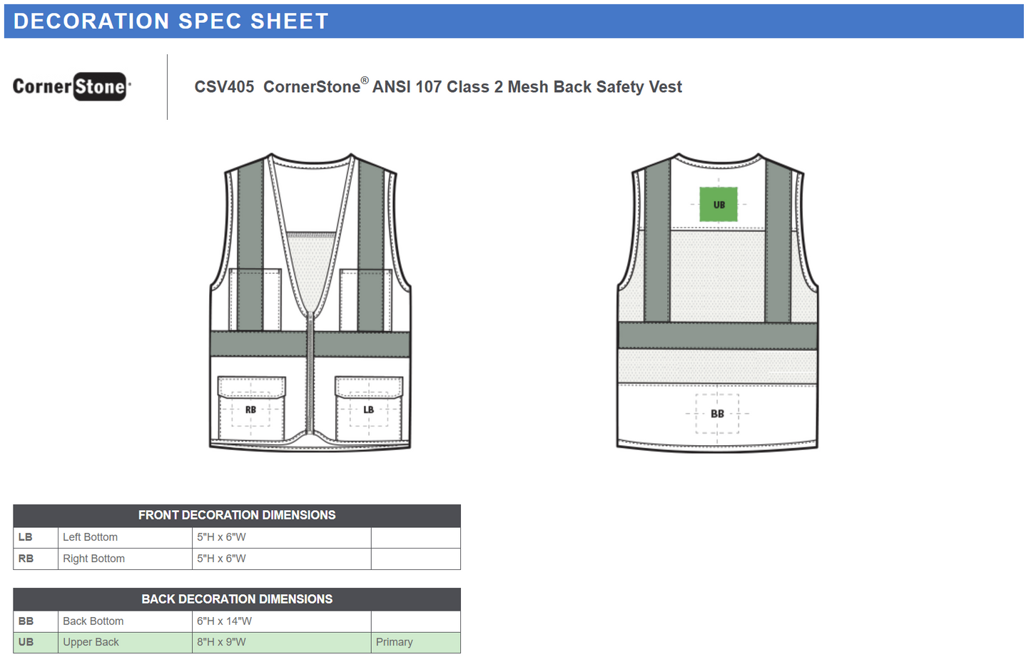 CSV405 CornerStone® ANSI 107 Class 2 Mesh Back Safety Vest Customizable