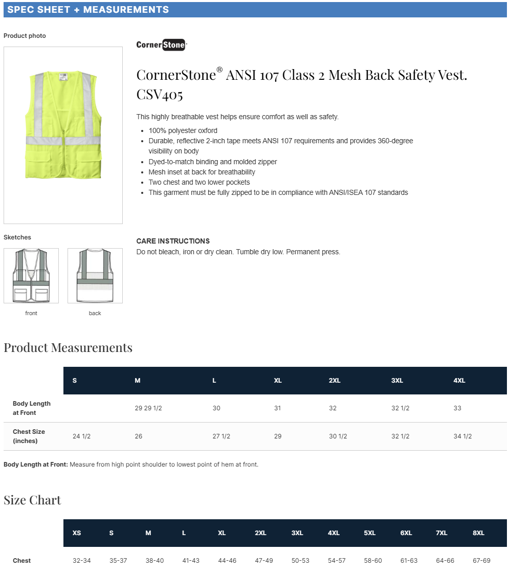 CSV405 CornerStone® ANSI 107 Class 2 Mesh Back Safety Vest Customizable