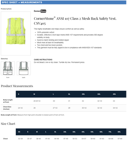 CSV405 CornerStone® ANSI 107 Class 2 Mesh Back Safety Vest Customizable