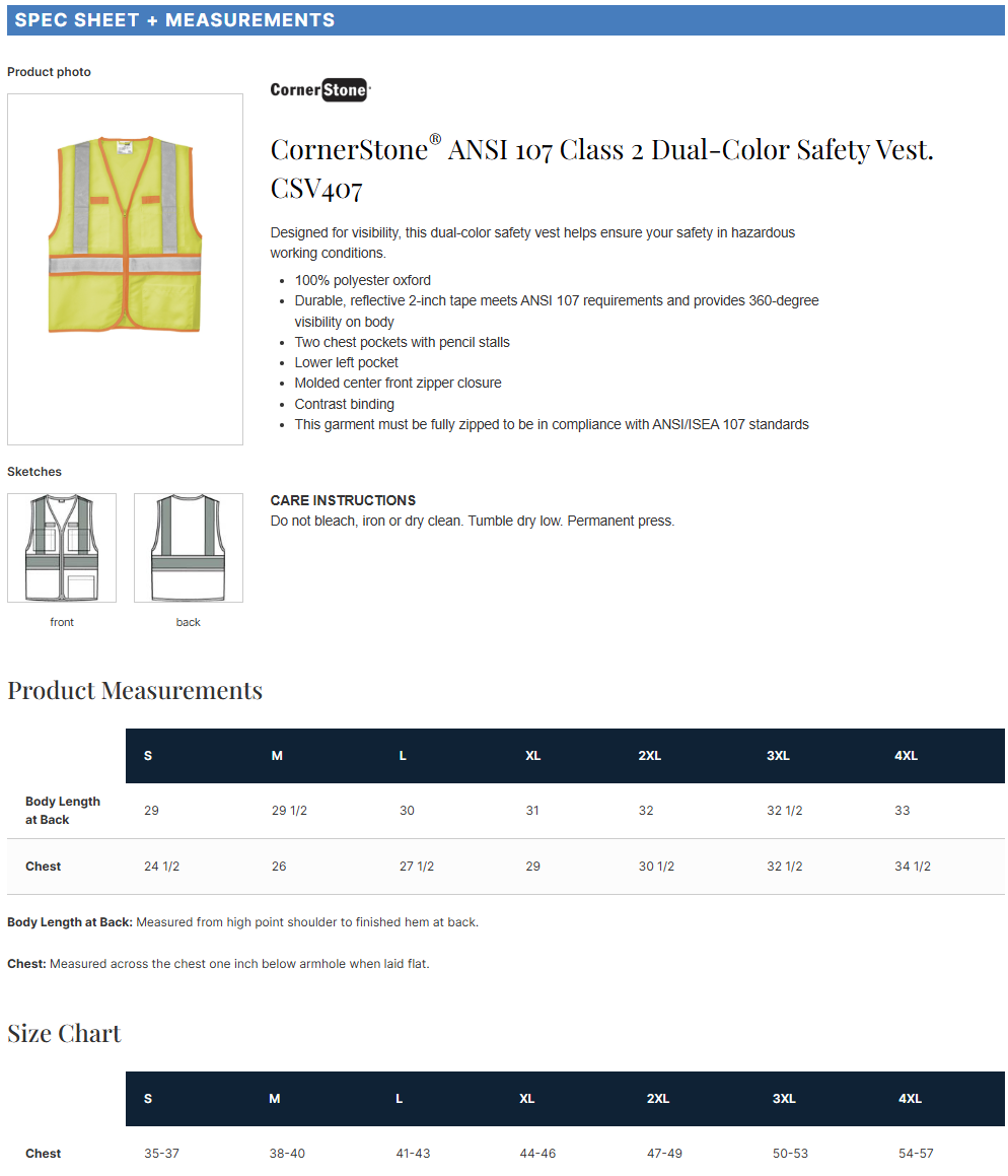 CSV407 CornerStone® ANSI 107 Class 2 Dual-Color Safety Vest Customizable