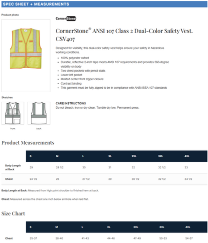 CSV407 CornerStone® ANSI 107 Class 2 Dual-Color Safety Vest Customizable