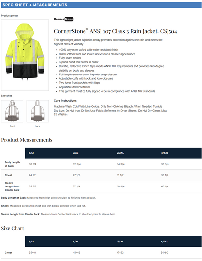 CornerStone ®  ANSI 107 Class 3 Rain Jacket CSJ504