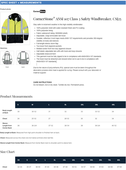 CornerStone ®  - ANSI 107 Class 3 Safety Windbreaker. CSJ25