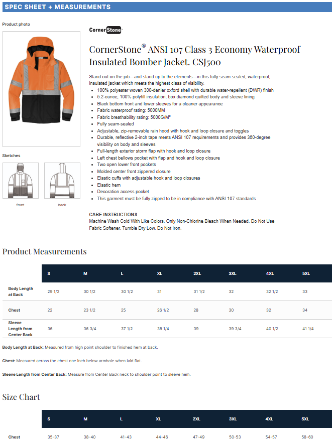 CornerStone ®  ANSI 107 Class 3 Economy Waterproof Insulated Bomber Jacket CSJ500